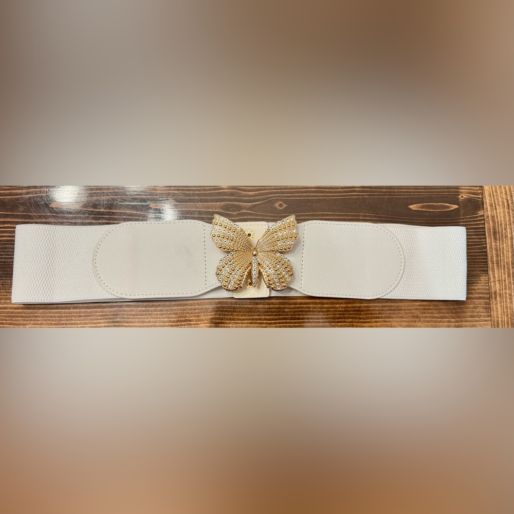 Gold Butterfly Embellished Wide Stretchy White Belt Size 1X‎
